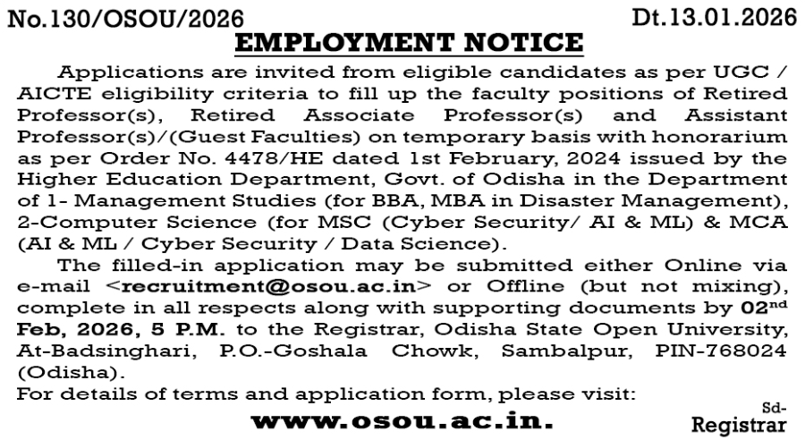 osou Sambalpur guest Faculty recruitment 2016 job vacancy